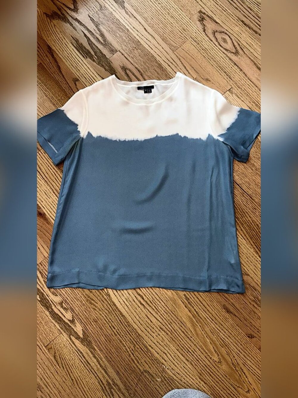 Vince Dip Dye Silk Short Sleeve Tee Ivory Slate Blue Size M